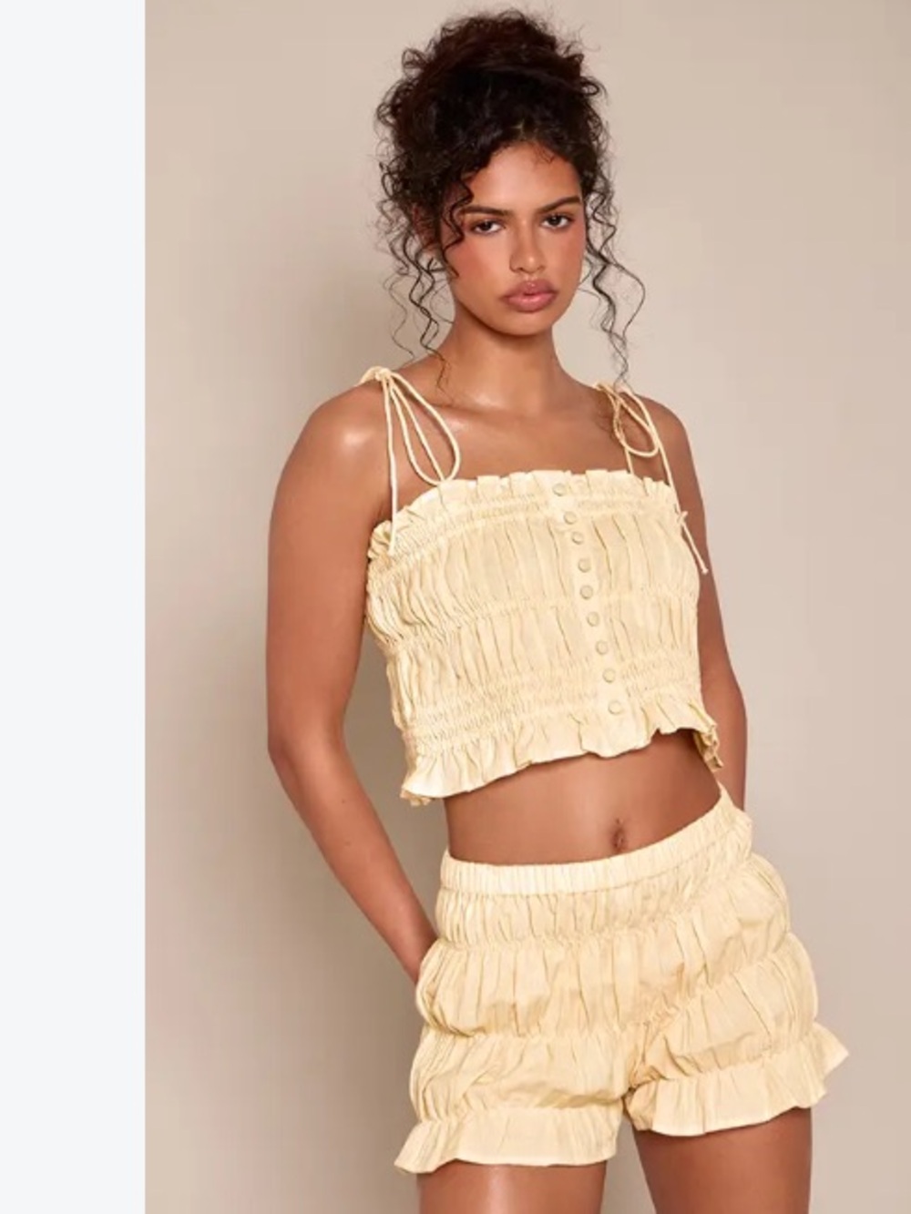 And Now This Smocked Tie-Shoulder Cropped Tank in Pale Yellow